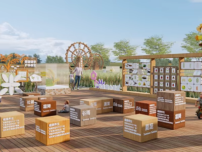 Vibrant Park Landscape With Wooden Deck Boxes Ferris Wheel Trees Display Boards And People Activities 3d model
