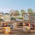 Vibrant Park Landscape With Wooden Deck Boxes Ferris Wheel Trees Display Boards And People Activities