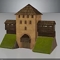 Medieval Brick Red Fortress Tower With Wooden Roof Galleries Green Grass Slopes And Arched Door