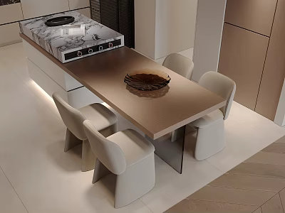 Modern Dining Table Set With Wooden Tabletop And Upholstered Chairs In Kitchen Interior 3d model