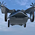 Futuristic Flying Car With Propellers And Blue Rimmed Wheels Flying In Sky