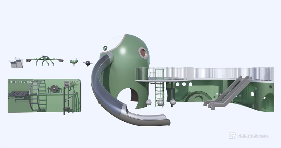 Green Themed Playground Equipment With Slide Elevated Platform Stairs And Fun Design 3d model 