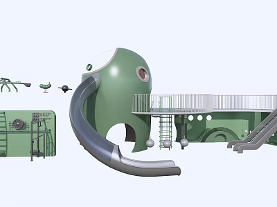 Green Themed Playground Equipment With Slide Elevated Platform Stairs And Fun Design 3d model