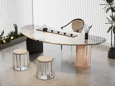 Modern Tea Table With Marble Top And Transparent Acrylic Stools Tea Accessories 3d model