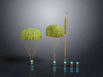 Small Blue Characters Interacting With Green Plant Like Creatures And Parachute Structures 3d model