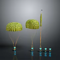 Small Blue Characters Interacting With Green Plant Like Creatures And Parachute Structures