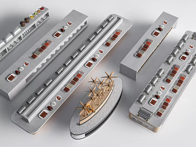 Metal Long Strips With Colorful Small Components And Central Ship Model With Golden Masts 3d model