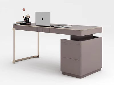 Modern Office Desk With Laptop Stationery And Metal Frame Storage Drawer 3d model
