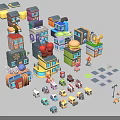 Colorful Cartoon Buildings With Various Shops Cars And Small Street Elements