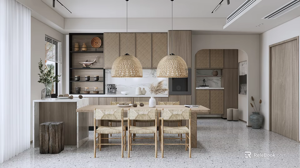 Modern Restaurant Interior With Wooden Dining Table Rattan Pendant Lights Beige Cabinets And Open Layout 3d model 