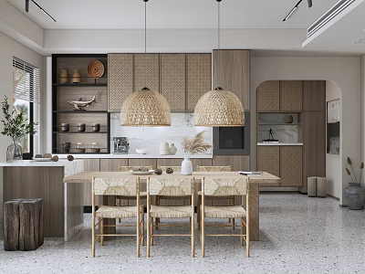 Modern Restaurant Interior With Wooden Dining Table Rattan Pendant Lights Beige Cabinets And Open Layout 3d model