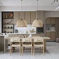 Modern Restaurant Interior With Wooden Dining Table Rattan Pendant Lights Beige Cabinets And Open Layout