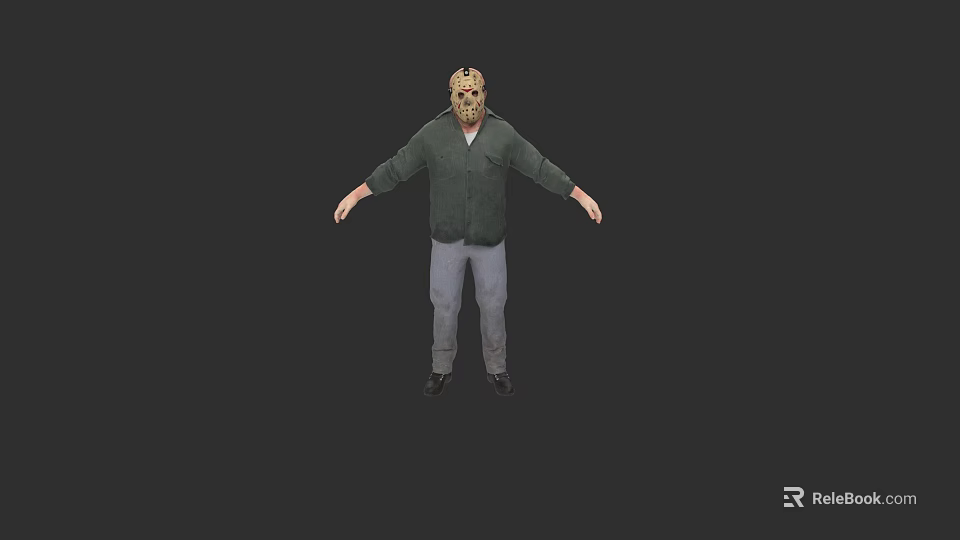 Game Movie Character In Hockey Mask Green Flannel Shirt Gray Jeans Arms Outstretched Pose 3d model 