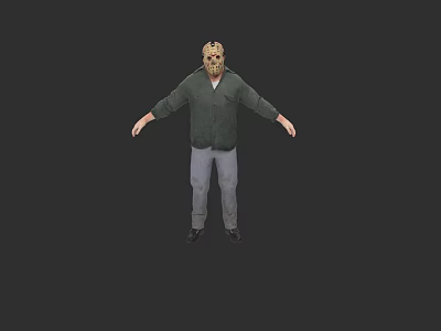 Game Movie Character In Hockey Mask Green Flannel Shirt Gray Jeans Arms Outstretched Pose 3d model