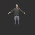 Game Movie Character In Hockey Mask Green Flannel Shirt Gray Jeans Arms Outstretched Pose