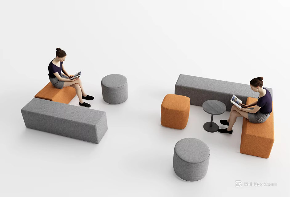 Public Seating With Gray And Orange Stools Benches And Small Tables For People 3d model 