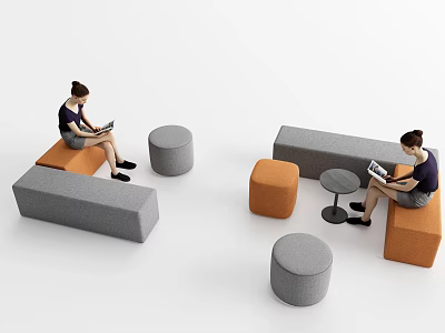 Public Seating With Gray And Orange Stools Benches And Small Tables For People 3d model