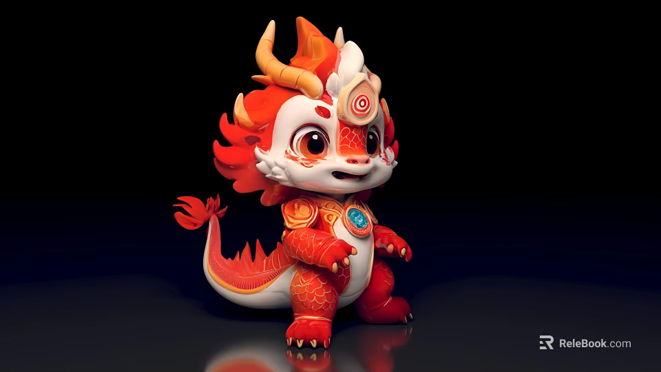 Cute Red And Orange Dragon Doll With Spiral Patterns And Blue Gem 3d model