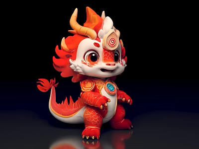 Cute Red And Orange Dragon Doll With Spiral Patterns And Blue Gem 3d model