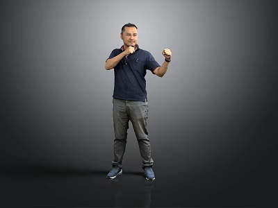 Man In Dark Blue Shirt Gray Pants Posing With Boxing Gestures On Gray Background 3d model