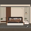 Modern Minimalist Bedroom Interior With Upholstered Bed Headboard Cushions Nightstand Plants And Area Rug