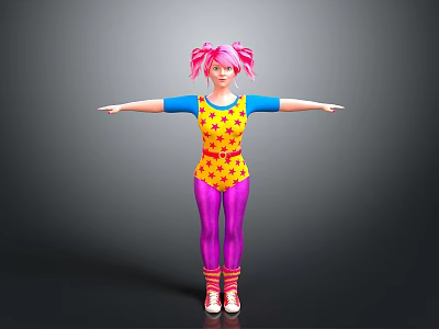 3D Character With Pink Pigtails Yellow Star Jumpsuit Blue Sleeves Purple Leggings And Arms Outstretched 3d model