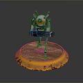 Orange And White Mechanical Robot Standing On Circular Platform With Yellow Edge Brown Rusty Surface 3d model