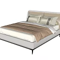 Modern Light Colored Double Bed With Upholstered Headboard Pillows Plaid Blanket And Metal Legs