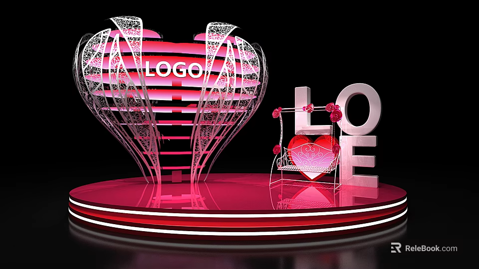 Heart Shaped Structure With LOGO And LOVE Letters On Red Display Platform With Lighting Effects 3d model 
