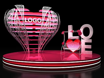 Heart Shaped Structure With LOGO And LOVE Letters On Red Display Platform With Lighting Effects 3d model