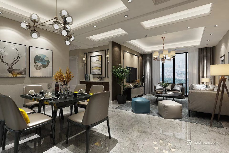 Modern Dining And Living Room Interior Design With Dining Table Chairs Sofa And Decorative Paintings 3d model 