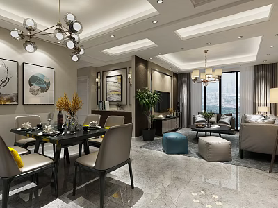 Modern Dining And Living Room Interior Design With Dining Table Chairs Sofa And Decorative Paintings 3d model