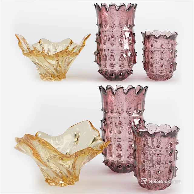 Colorful Glass Vases With Ruffled Edges And Textured Patterns For Home Decor 3d model 
