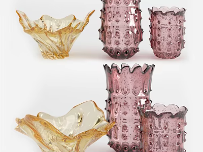 Colorful Glass Vases With Ruffled Edges And Textured Patterns For Home Decor 3d model