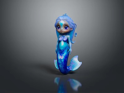 Cute Blue Mermaid Doll With Sparkling Hair Tail And Reflection On Gray Background 3d model