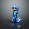 Cute Blue Mermaid Doll With Sparkling Hair Tail And Reflection On Gray Background