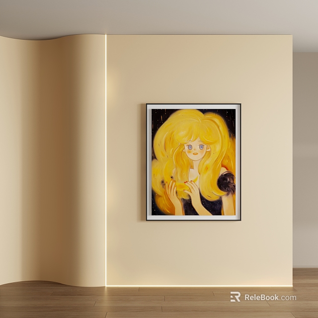 Vibrant Abstract Painting of Blonde Haired Woman with Black Frame Hanging On Light Colored Wall 3d model 
