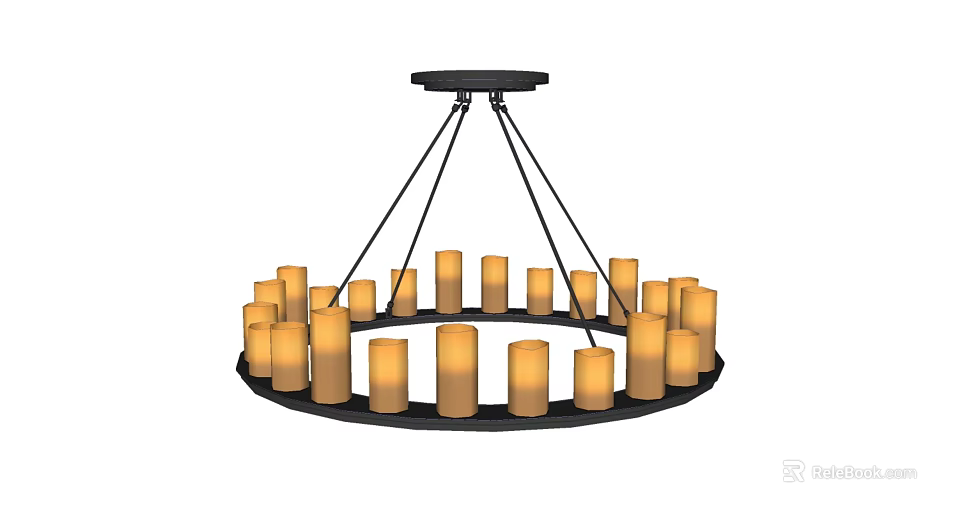 Modern Chandelier with Circular Black Metal Frame and Warm Yellow Cylindrical Lampshades 3d model 