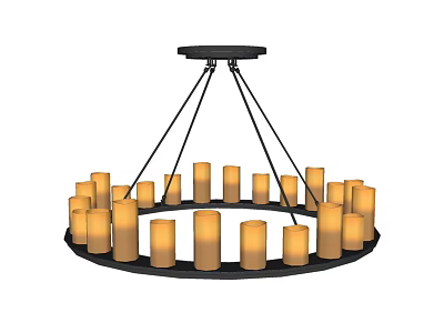 Modern Chandelier with Circular Black Metal Frame and Warm Yellow Cylindrical Lampshades 3d model