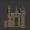 Medieval Castle Architectural Design With Stone Brick Towers Pointed Spires And Connecting Bridge