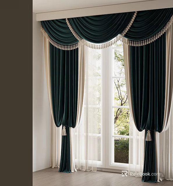 Dark Green Velvet Curtains With White Sheer And Pleated Top Tassels By Window With Greenery 3d model 