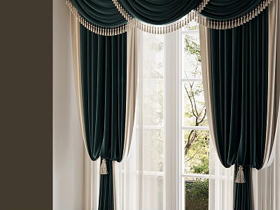 Dark Green Velvet Curtains With White Sheer And Pleated Top Tassels By Window With Greenery 3d model