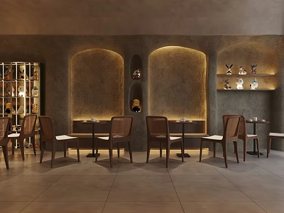 Cozy Modern Cafe Interior With Wooden Tables Chairs Warm Lighting And Decorative Shelves 3d model