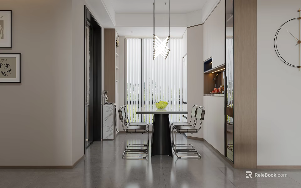 Modern Restaurant Interior With Open Kitchen Dining Table And Pendant Lights 3d model