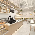 Modern Cafe Interior With Display Cases Pastries Wooden Counter Stools And Warm Lighting