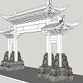 Chinese-style archway ancient archway bucket arch stone drum 3d model