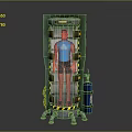 Green Vertical Industrial Device With Human Figure Blue Cylinder And Warning Stripes