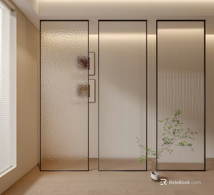 Modern Glass Room Dividers With Textured Panels And Decorative Plants In Interior Space 3d model 