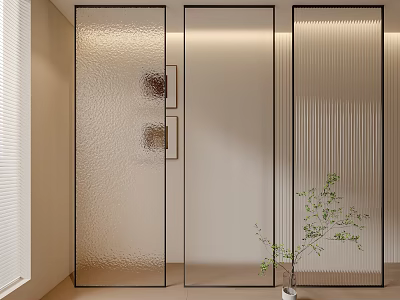 Modern Glass Room Dividers With Textured Panels And Decorative Plants In Interior Space 3d model
