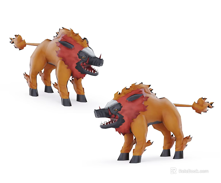 Brown Boar Plush Toys With Red Mane Sharp Teeth And Fierce Expression 3d model 